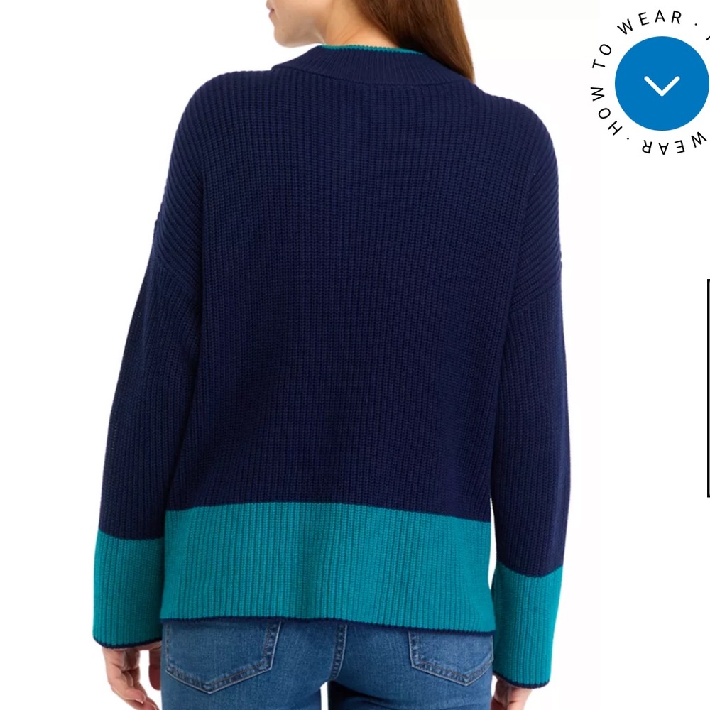 NWT Crown & Ivy Color Block Teal/Navy Knit Sweater w/ Side Gold Zippers S - Picture 2 of 8